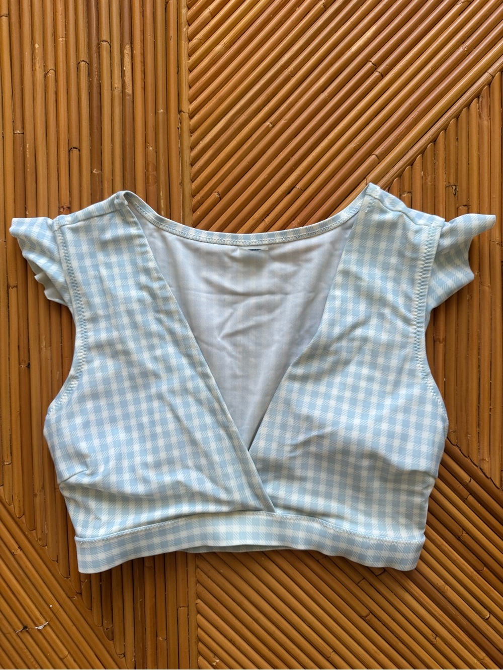 Light Blue Gingham V-Neck Swim Suit Top - Women